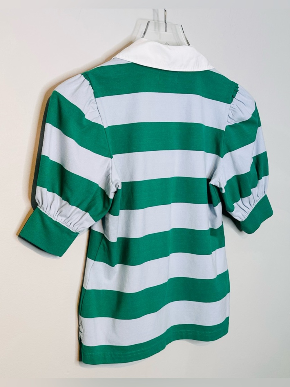 Anthro Maeve Puff Sleeve Green Blue Stripe Rugby Polo Shirt Top NWT - Picture 8 of 15